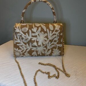 Haute Hippie Style Cork Floral Embroidered Top Handle Bag Boho Chic